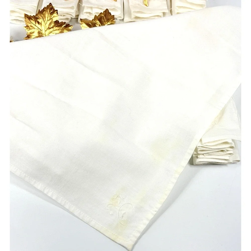 Gold Tone Metal Maple Leaf Napkin Rings 12 Pc Fall Autumn w/ Embroidered Linens